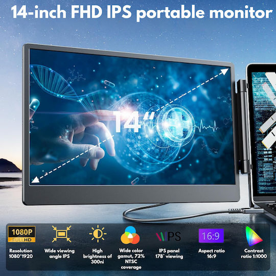 Разширяем преносим лаптоп монитор Visionhub 14-инчов FHD 1080p IPS екран разширител за лаптопи от 13 до 17 инча 360-градусово сгъваем триекранен съвместим с iOS Android Windows Mac USB-C HDMI портове Plug Play