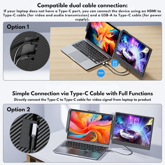 Expandable Portable Laptop Monitor Visionhub 14-inch Fhd 1080p Ips Screen Extender 13-inch To 17-inch Laptops 360-degree Foldable Dual-screen Compatible Ios Android Windows Mac Usb-c Hdmi Ports Plug Play