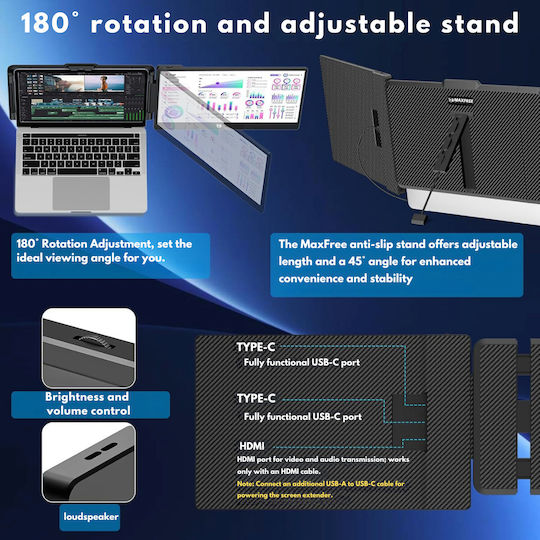 Expandable Portable Laptop Monitor Visionhub 14-inch Fhd 1080p Ips Screen Extender 13-inch To 17-inch Laptops 360-degree Foldable Dual-screen Compatible Ios Android Windows Mac Usb-c Hdmi Ports Plug Play