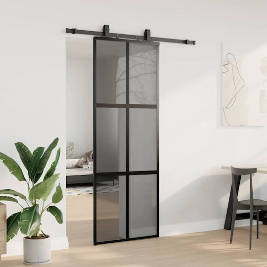 Vidaxl Συρόμενη Πόρτα Σετ Υλικού Μαύρο 76x205 Cm Γυαλί Μετριασμένο Μαύρο