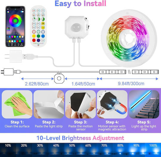 Houhui LED Strip TV USB 5V RGB Light 3m Type SMD5050 with Motion Sensor, Power Supply & Remote Control