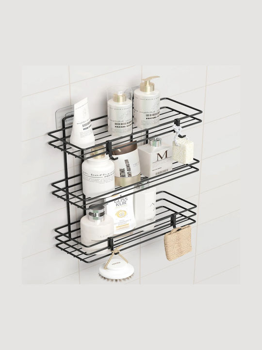 Femmit Wall-Mounted Metal Adhesive Bathroom Shelf 3 Shelves 4 Hooks 10x25x48 Cm Matte Black