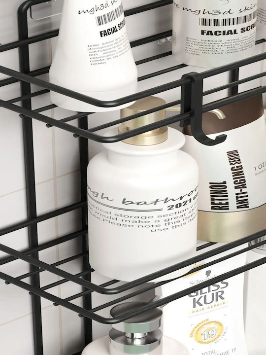 Femmit Wall-Mounted Metal Adhesive Bathroom Shelf 3 Shelves 4 Hooks 10x25x48 Cm Matte Black