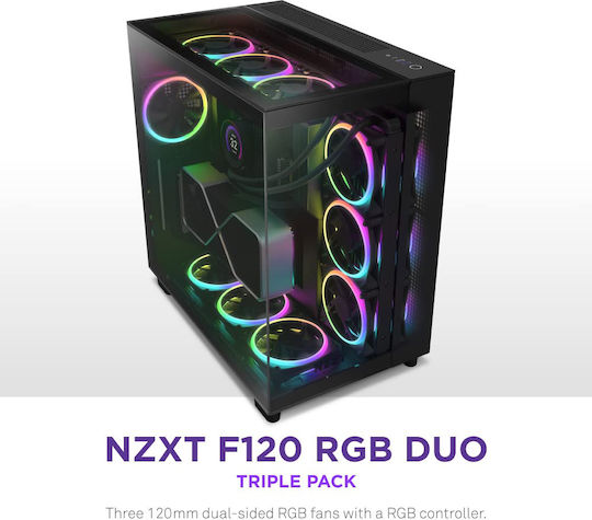 NZXT F120 Duo Вентилатор За Кутия (1800 Оборота / 48.58 CFM) С RGB Осветление И Свързване 4-изводна ШИМ 3 Бр