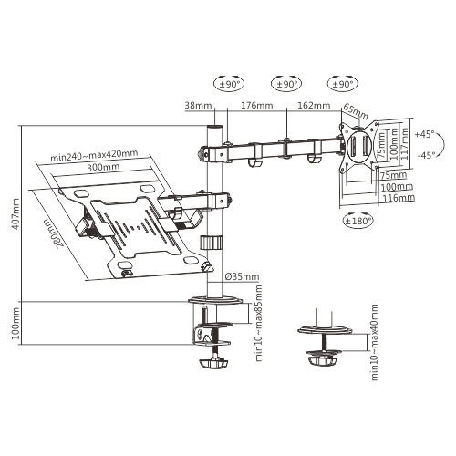 Gembird Stand Desk Mounted Monitor up to 32" with Arm & Notebook Tray (MA-DA-03)