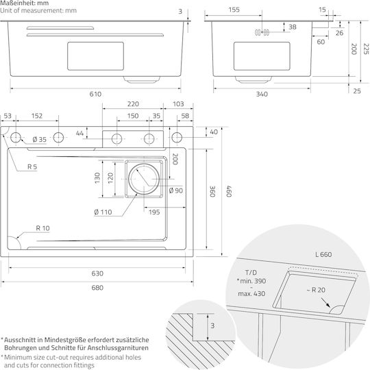 Built-in Sink 68x46 Cm Faucet Complete Set 8 Pieces Stainless Steel Anthracite Ml Design