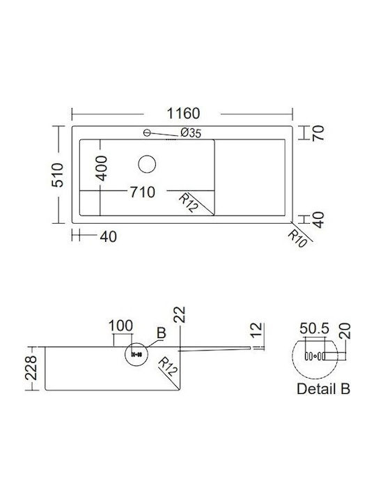 Fortinox Squadro 29115R-110 Drop-In Sink Right Inox Satin W116xD51cm Silver
