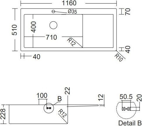Fortinox Squadro 29115R-110 Drop-In Sink Right Inox Satin W116xD51cm Silver