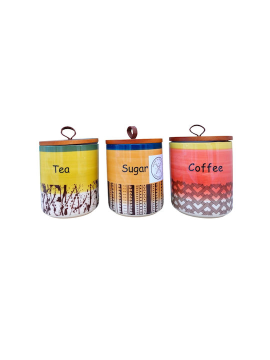 Etoile Nature Set of 3 Ceramic Food Jars for Sugar Coffee and Tea with Lid 12x12x14cm