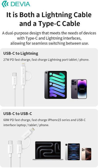 Devia USB-C to Lightning Cable 60W White 1.2m