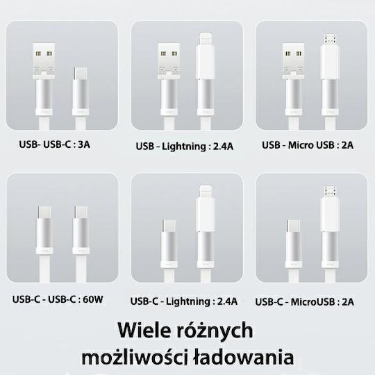 Usams Retractable / Pocket USB to micro USB / Type-C / Lightning 1m 3A Cable Silver (SJ650USB02)