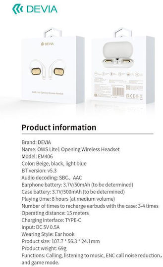 Devia EM406 OWS Lite1 Open Ear Bluetooth Handsfree Earphones with Charging Case White