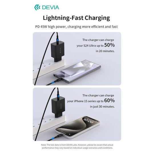 Devia Charger with USB-C Port and Cable USB-C - USB-C 45W Power Delivery Blacks (Rocket Series)