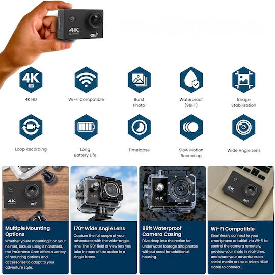 Action Camera 4K Ultra HD Underwater (with Case) with Screen and Wi-Fi Gray