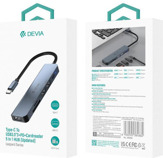 Devia USB Hub 5 Ports USB 3.1 with USB-C Connection Gray