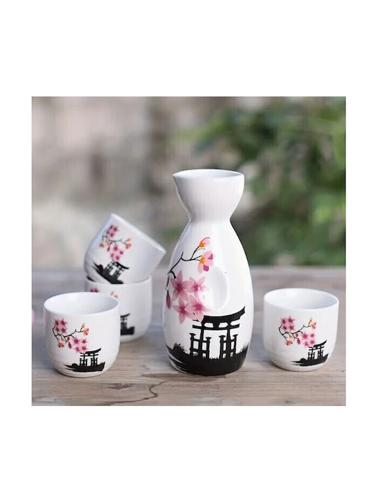 Spices Bazaar Sake Ceramic Decanter with Glasses White 5pcs