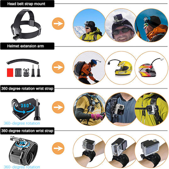 Комплект от 65 аксесоара Echopolis за екшън камери Dji Eken Gopro Insta360 Sjcam Fusion Hero 10 Hero 11 Hero 11 Mini Hero 12 Hero 2018 Hero 3 Hero 3+ Hero 4 Hero 4 Session Hero 5 Hero 5 Session Hero 6 Hero 7 Hero 8 Hero