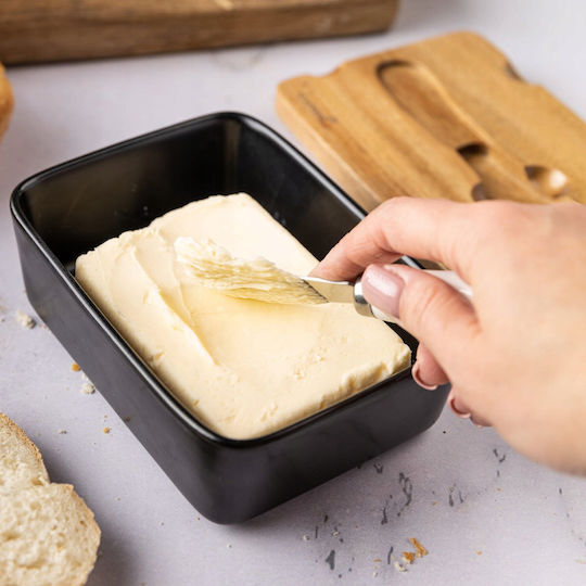 Porzellan-Butterdose mit Messer und Akazienholzdeckel Klausberg Kb-7784 Schwarz