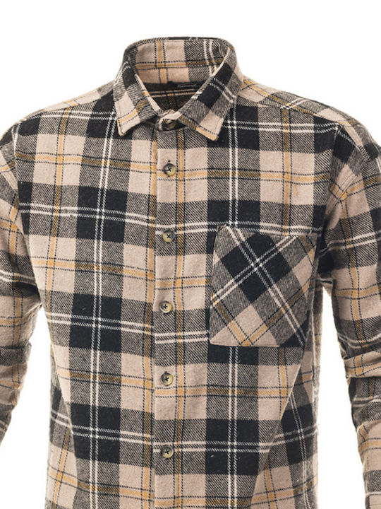 Long Sleeve Flannel Overshirt in Regular Fit Checked Beige
