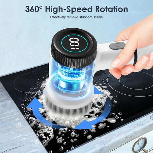 Perie electrică rotativă fără fir pentru curățenie 5 capete 3 viteze Încărcare USB Impermeabilă Afișaj digital Albă
