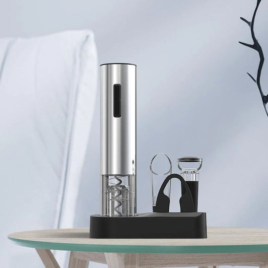 Set Deschizător Electric de Vin 5 în 1 Bază de Încărcare Aerator Tăietor de Foli Silver