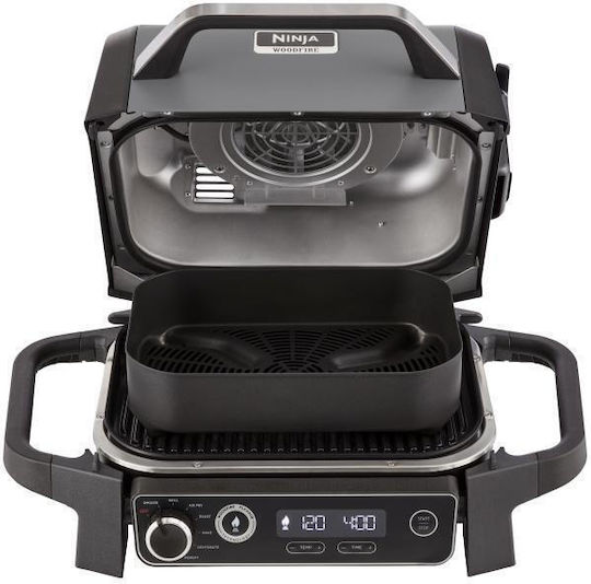 Ninja Woodfire Tabletop Electric Grill Ribbed Plate 2400W with Lid and Adjustable Thermostat 37cmx28cmcm