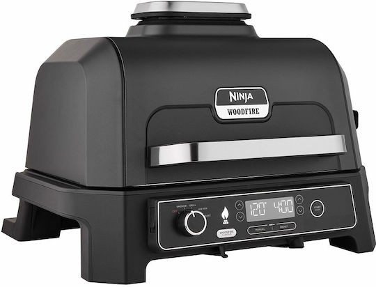Ninja Woodfire Pro XL Открита Скара И Пушач Настолна Електрическа Скара С Релефна Плоча 2400W С Капак И Регулируем Термостат 38x28см