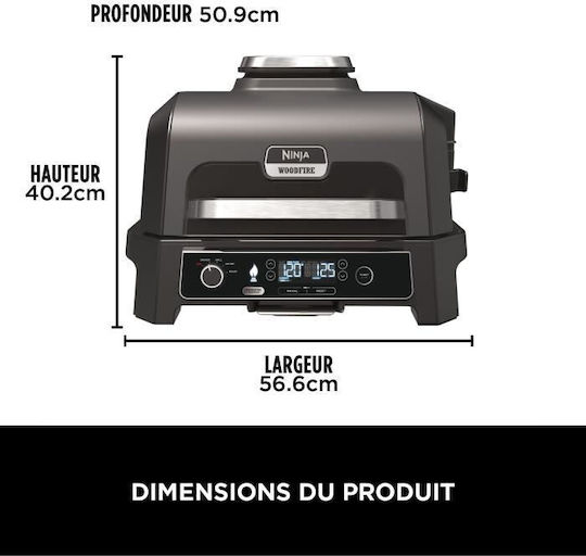 Ninja Woodfire Pro XL Открита Скара И Пушач Настолна Електрическа Скара С Релефна Плоча 2400W С Капак И Регулируем Термостат 38x28см