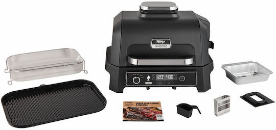 Ninja Woodfire Pro XL Открита Скара И Пушач Настолна Електрическа Скара С Релефна Плоча 2400W С Капак И Регулируем Термостат 38x28см