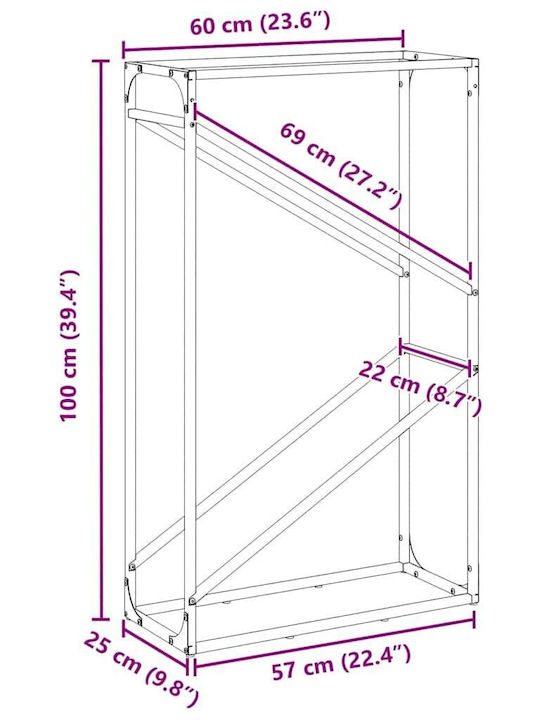vidaXL Inox Ράφι Αποθήκευσης Ξύλων 60x25x100cm Γκρι