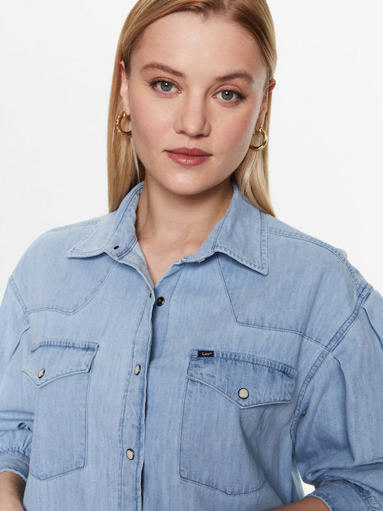 Western Mânecă lungă Femei Denim Cămașă Albastru deschis