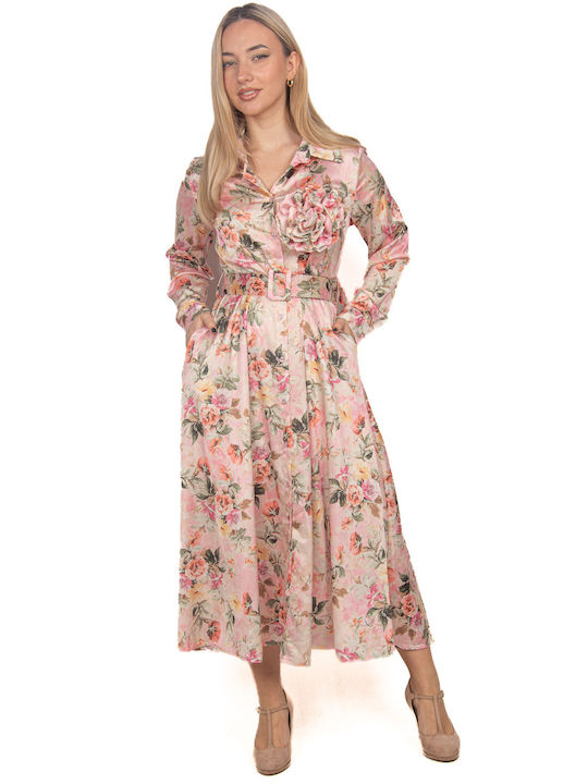 Satin Shirt Dress Floral Pink