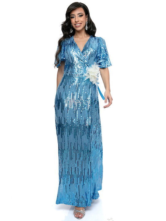 RichgirlBoudoir Summer Maxi Evening Dress Wrap with Sheer Light Blue