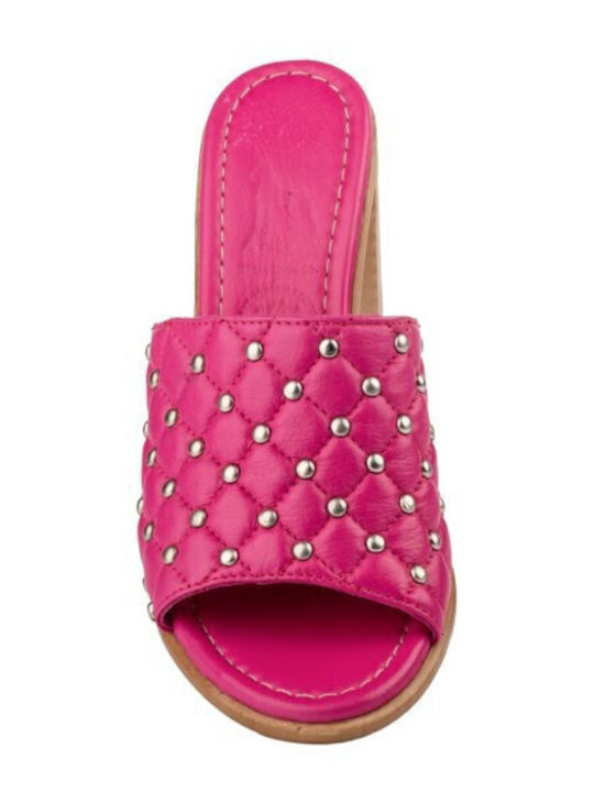 Leather Mules with Chunky Heel in Pink Color
