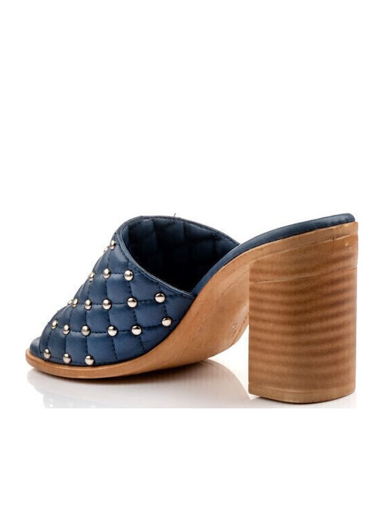Leder Mules mit Chunky Absatz in Blau Farbe