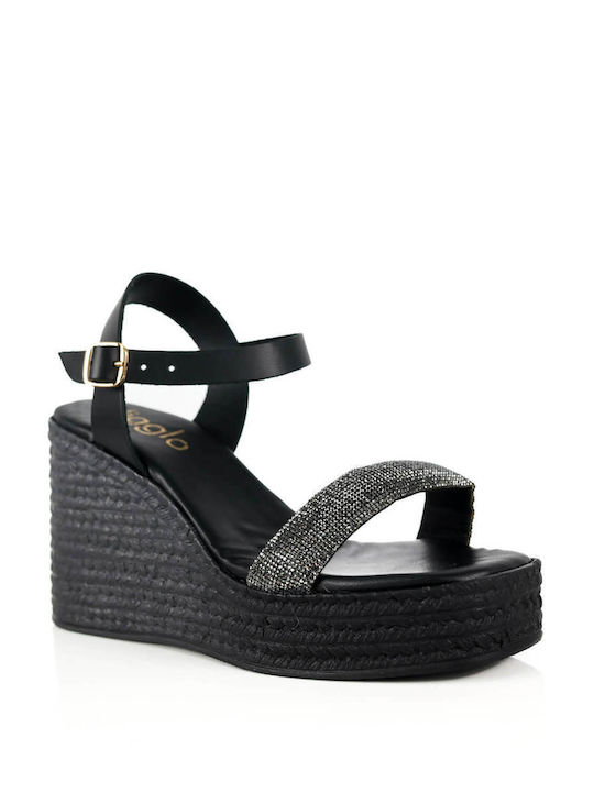 Black Platform Sandals with Rhinestone Strap