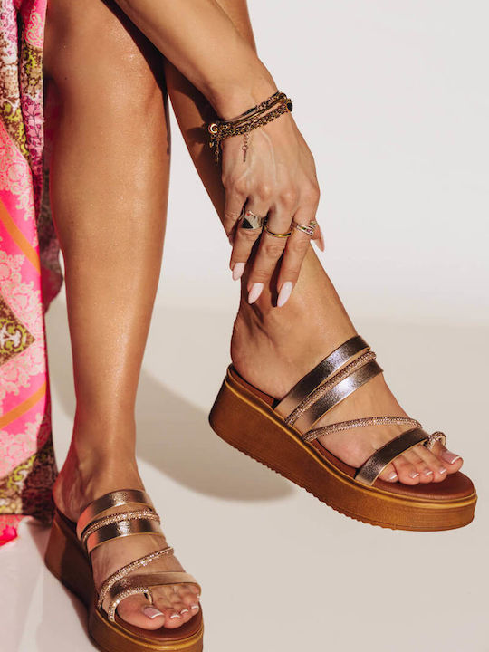 Bronze Flatform Sandals with Rhinestone Details