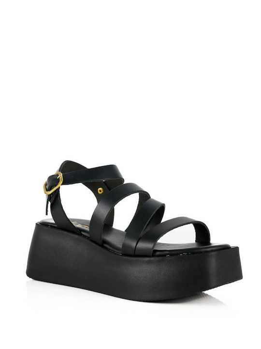 Black Leather Cross-Strap Flatforms