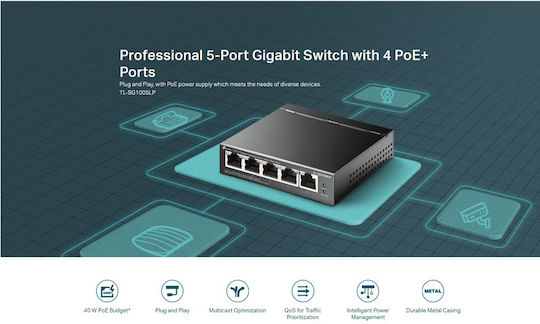 TP-LINK TL-SG1005LP Unmanaged L2 PoE+ Switch with 4 Gigabit (1Gbps) Ethernet Ports