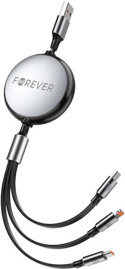 Forever Regular Cablu USB la Lightning / Type-C cu mai multe porturi 2.4A Negru 1.2m (GSM185689)