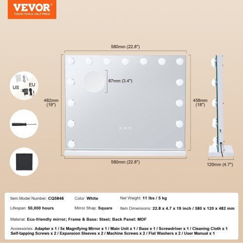 Vevor Като Огледало за Стена с Бял Дърво Рамка & LED Осветление 46x57.9см 1бр