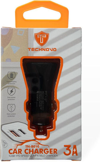 Technovo Car Charger Black Total Intensity 3A with Ports: 1xUSB 1xType-C