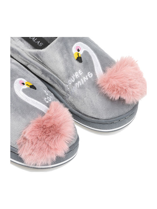 Flamingo Зимни Дамски Чехли с Кожа Сив
