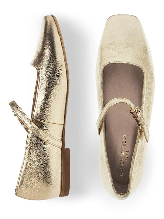 Leder Damen Ballerinas Spitz zulaufend mit Riemen Gold