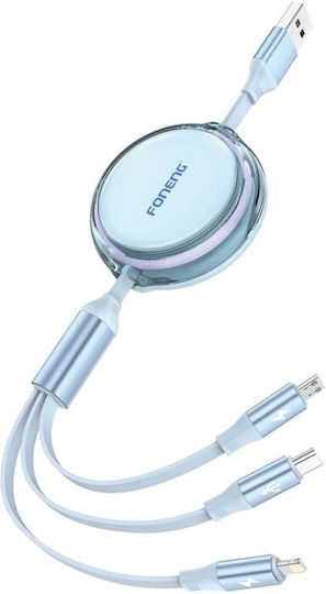Foneng Retractable USB to Lightning / Type-C / micro USB Cable 2.1A Μπλε 1.1m