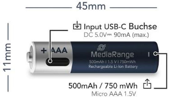 MediaRange Επαναφορτιζόμενες Μπαταρίες AAA Li-ion 500mAh 1.5V 4τμχ
