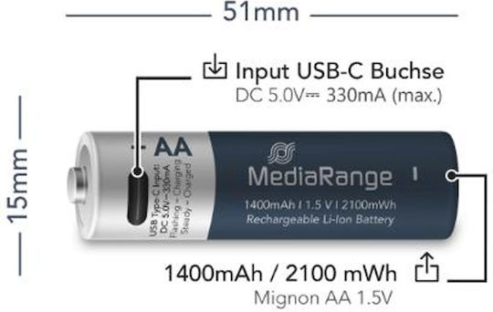 MediaRange Επαναφορτιζόμενες Μπαταρίες AA Li-ion 1400mAh 1.5V 4τμχ