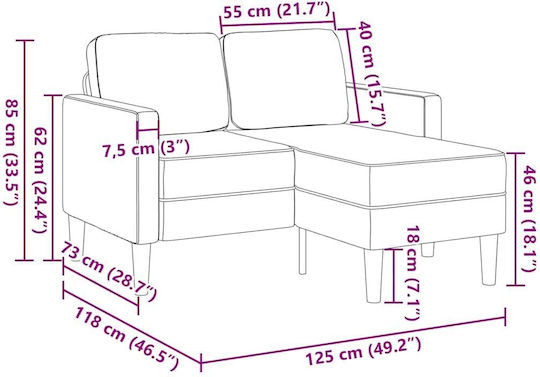 Ъглов Диван Сив 125x118x85см