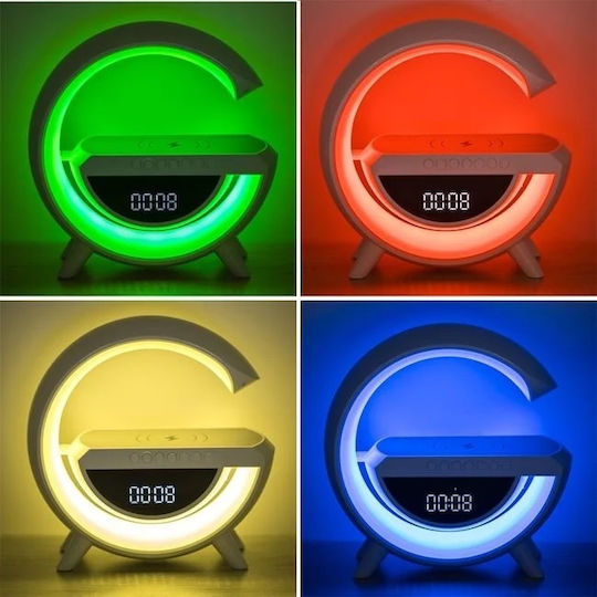 Bec Inteligent 7 Culori Ceas Difuzor Încărcare Wireless Bluetooth RGB 1200mAh 24x9x25 cm Alb