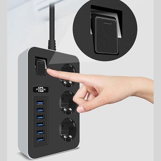 Cablu prelungitor 6 porturi USB 3 prize universale 3000W 3.1A 1.8m protecție pentru copii împământare 15.8x9.8x3.8 cm negru gri